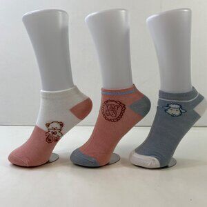 Womens Ankle Socks Set 3 Teddy Bear Sheep Print Pink Gray White